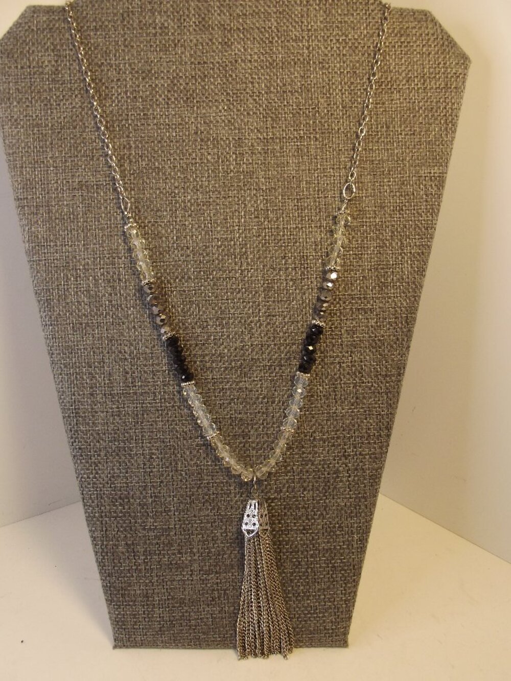 Beaded Silver Tone Tassel Pendant Necklace - 30 inches